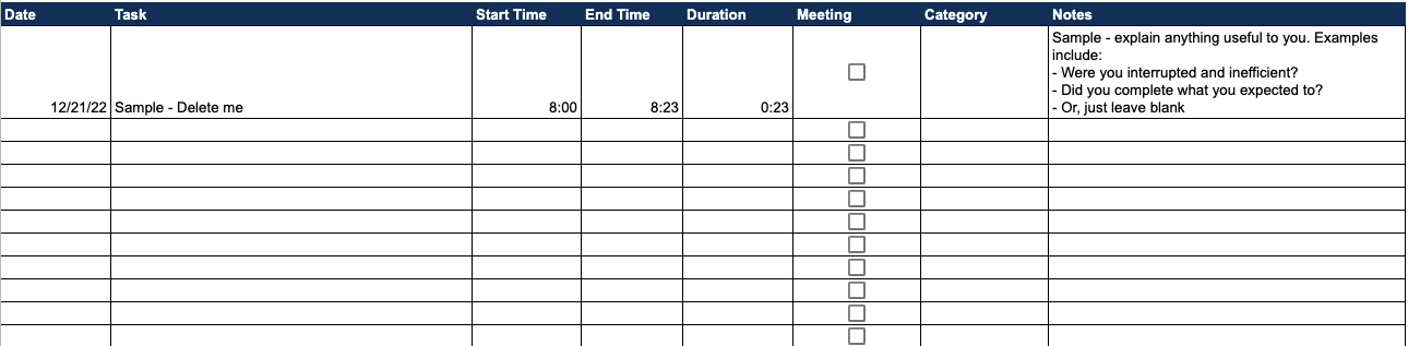 A screenshot of a spreadsheet time tracker