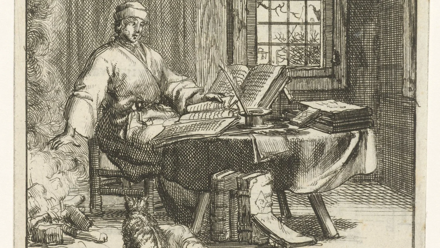 17th Century Etching of Man Writing with Feather Pen